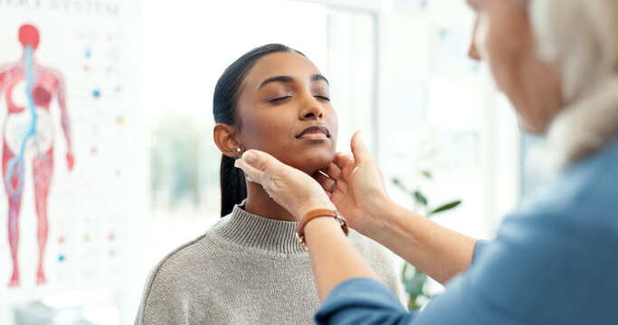 Checkup, medical and neck with woman in doctor office for appointment or assessment. Checking, inflammation and lymph nodes of patient with hands of healthcare professional on throat for infection