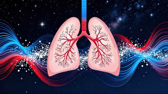 Human Lungs Anatomy Illustration with Blue Airflow Background, Respiratory System Health Education, Lung Function and Breathing Concept
