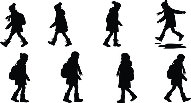 Back to school silhouette of children walking with backpacks isolated on white