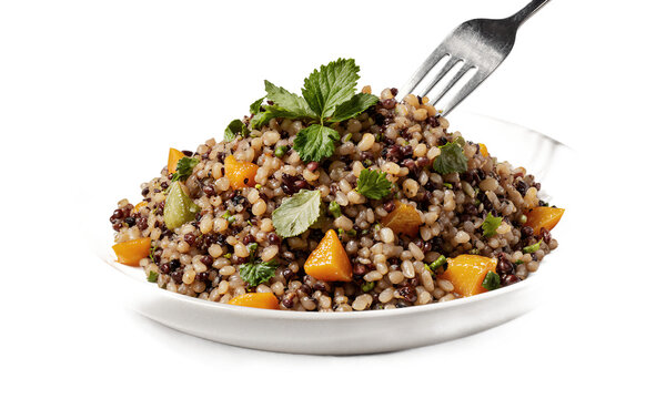 Grain bowl salad, Healthy food meal, Vegetarian quinoa pilaf with roasted pumpkin and fresh herbs isolated on a transparent background