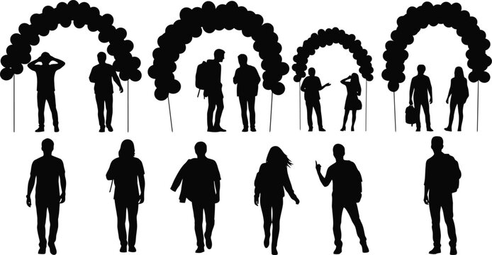 Back to school silhouette students under balloon arch vector illustration set