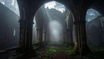 Obraz premium Misty forest path leading to ancient stone archway.