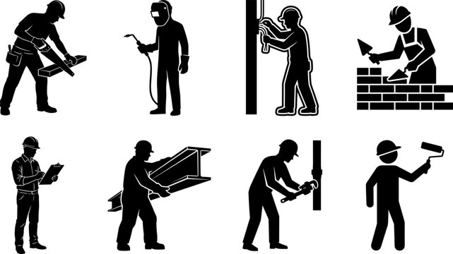 Black vector construction worker silhouettes set featuring carpenter welder electrician bricklayer inspector ironworker plumber and house painter icons