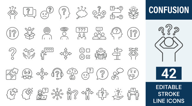 Confusion icon set. Containing confused, uncertain, lost, unclear, misunderstand, hesitation, ambiguity, and more. Outline Icon Collection. Vector illustration. Editable stroke	
