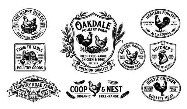 Chicken Poultry Farm Label Vector Set with Egg Meat Logos and Vintage Lettering Design