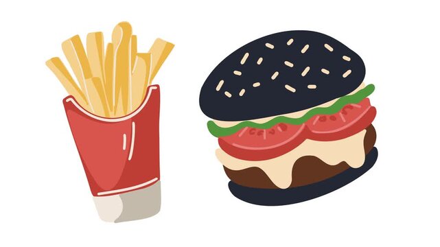 animation of delicious burger and french fries combo