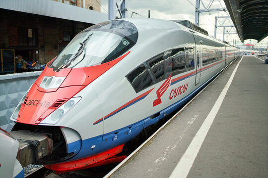 June 12, 2023 Saint Petersburg railway station arrival of the Sapsan train.A modern highspeed train is seen at a bustling station, showcasing the future of transportation
