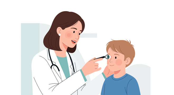 Ophthalmologist examines a child's eye with a penlight in a medical office
