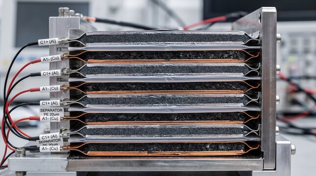 Hydrogen fuel cell stack prototype in laboratory, clean energy power module with electrical wiring, industrial renewable technology research
