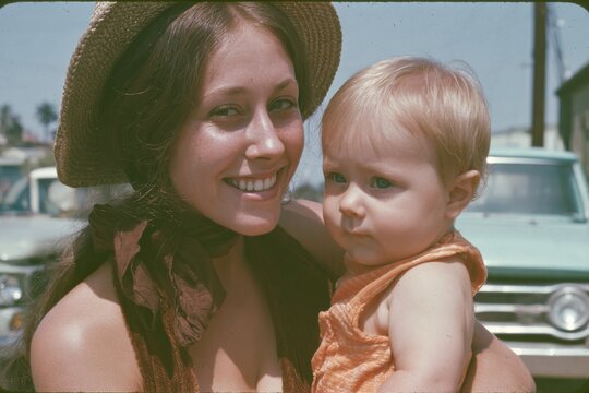 Mother holding a baby smiling in 1970s