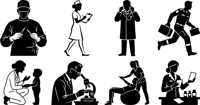 Medical profession silhouettes and vector icons set featuring surgeon nurse practitioner pediatrician scientist pharmacist and paramedic personnel