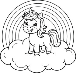 Obraz premium Cute smiling baby unicorn standing on fluffy white cloud fantasy creature eps10