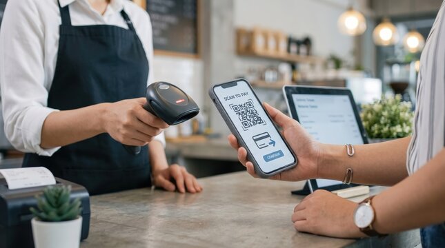 Customer scanning QR code on smartphone for mobile payment at cafe counter, cashier holding barcode scanner, contactless transaction, digital wallet, cashless shopping experience