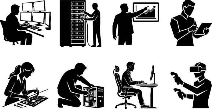 Professional tech workers vector silhouette set representing IT support engineering software development data analysis and hardware repair