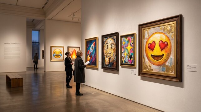 People admiring emoji oil paintings in a modern art gallery exhibition celebrating digital expression and pop culture