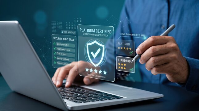 Digital security certification interface showing platinum verified compliance level with audit trail checklist and final signature requirement for user authentication.