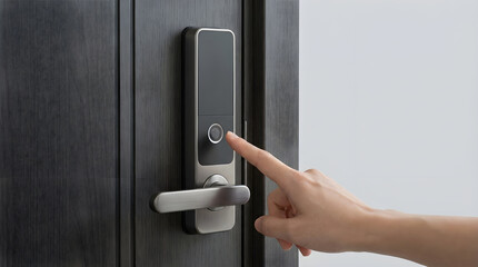 Naklejka premium Person using a modern smart door lock with fingerprint scanner for secure home access and keyless entry.
