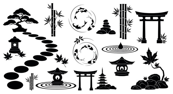 Japanese Zen garden solid black silhouettes vector icons set featuring traditional torii gates, bonsai tree, koi fish, stone lanterns, and bamboo stalks.