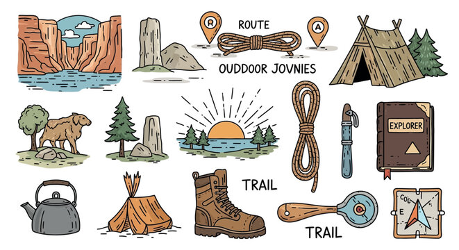Outdoor adventure and mountain trail exploration vector hand drawn sketch icons set with colorful illustrations of a tourist tent, hiking boot, camping gear, and canyon landscape.