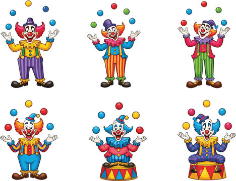 Funny cartoon clowns juggling colorful balls, circus performer characters, comedy entertainment show, happy clown vector illustration for kids and events