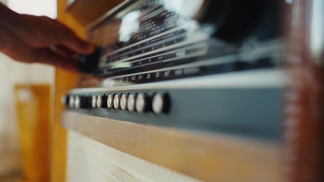 Person tuning an old vintage radio receiver