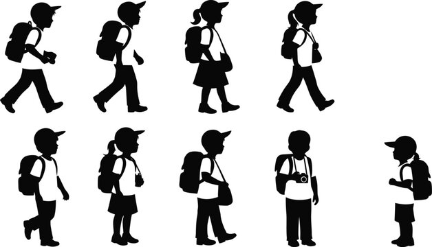 Back to school children silhouette set with backpacks walking isolated vector illustration