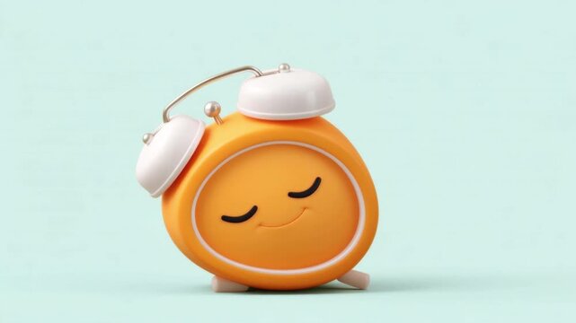 Cute orange alarm clock with smiling face on pastel blue background