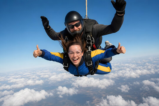 Skydiver in Freefall Above Clouds During Tandem Jump