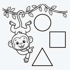 Fototapeta premium Cute Monkey Learning Shapes Worksheet for Kids Educational Coloring Page with Circle Square and Triangle