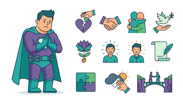 Flat vector illustration of a remorseful superhero in purple and teal suit next to icons for reconciliation, peace, emotional healing, handshakes, and hope on a plain white background.