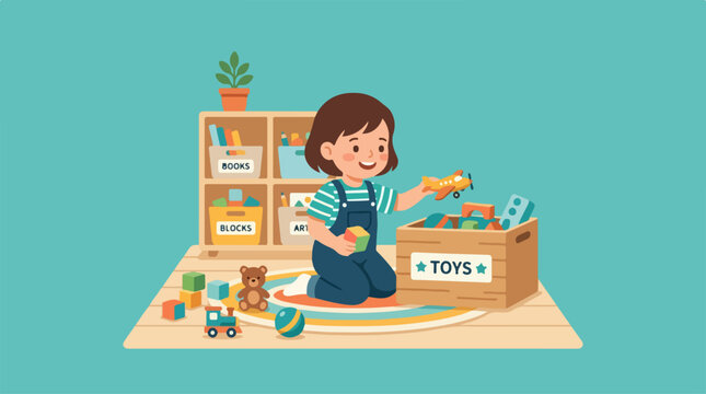 Child tidying up toys learning responsibility