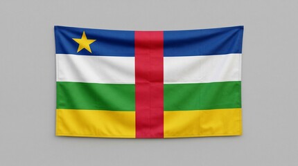 Fototapeta premium Central African Republic flag with colorful stripes, red vertical band, and yellow star—symbolizing unity, peace, and resilience, embodying national identity and cultural pride.