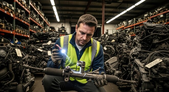 Mechanic inspecting car parts with flashlight in industrial warehouse