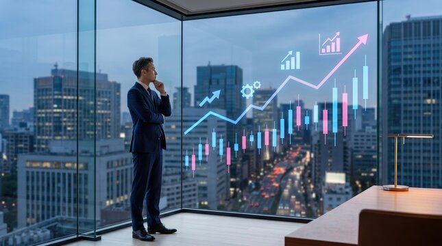 Businessman analyzing stock market trends and financial data on office window, investment strategy planning, economic growth chart overlay, corporate vision.