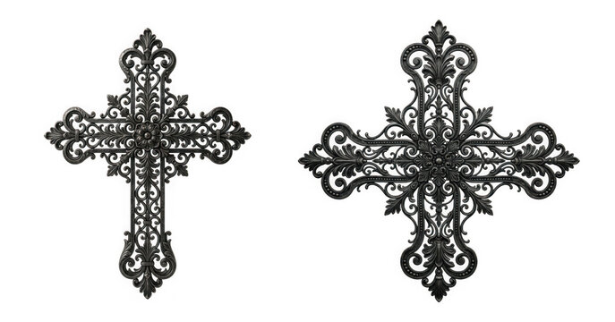 Two decorative vintage black ornate crosses as cut out PNG isolated on transparent background