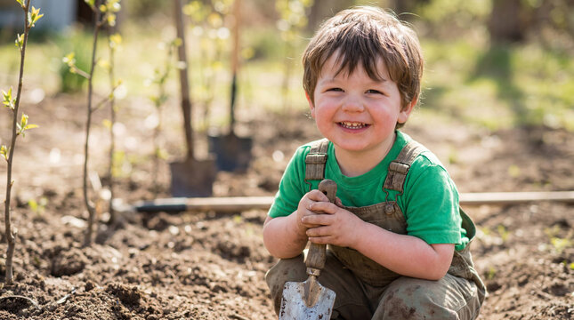 Environmental planting day young child holding shovel with happy expression for desertification combat awareness education poster social media content