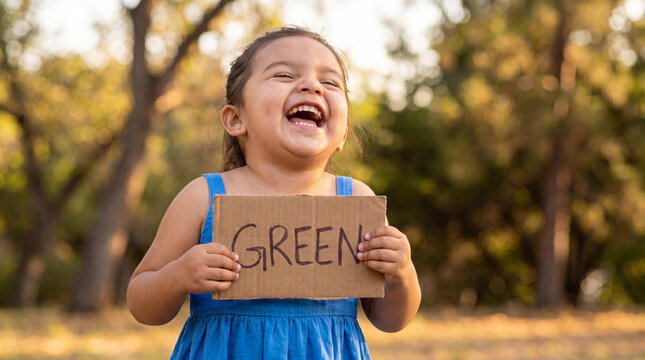 Green earth day toddler girl holding GREEN sign with joyful laughing expression for environmental awareness education campaign poster banner design