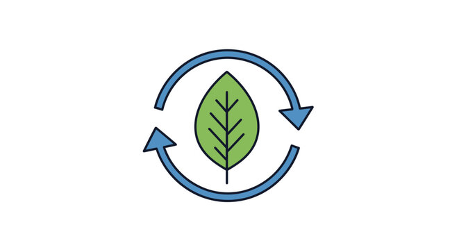 A green leaf icon centered inside a blue circular arrow symbol for recycling concepts