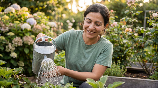 World day combat desertification drought woman watering plants satisfied expression for water conservation environmental education campaign promotional poster banner