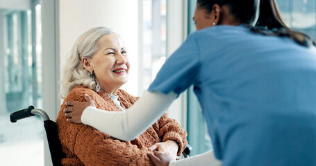 Wheelchair, nurse and trust with old woman in home for comfort, assisted living and healthcare....