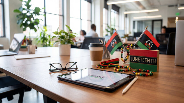 Juneteenth celebration office desk tablet decoration workspace corporate holiday themed professional environment diversity awareness editorial marketing publication