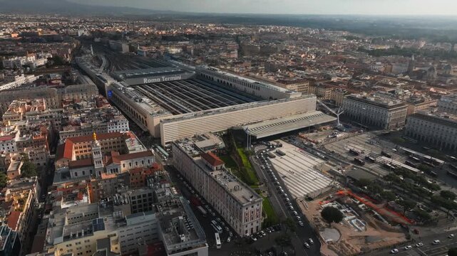 Drone panorama of Roma Termini train station and Piazza dei Cinquecento in Rome, Italy