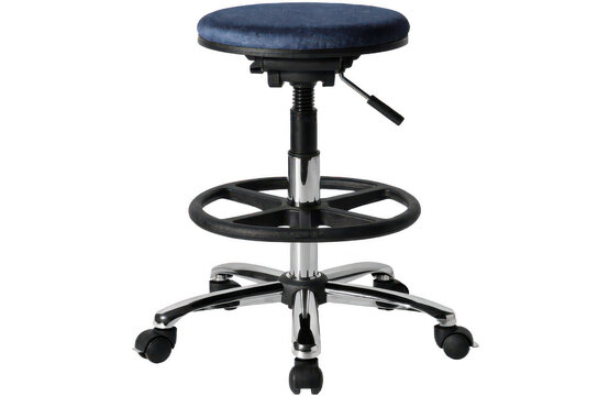 Adjustable height rolling stool with blue seat and silver base on white background isolated on a transparent background