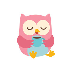 Fototapeta premium Cute Pink Owl Drinking Coffee or Hot Tea Cartoon Character