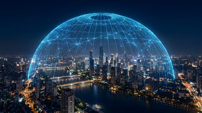 Futuristic digital dome protecting a sprawling modern city at night.