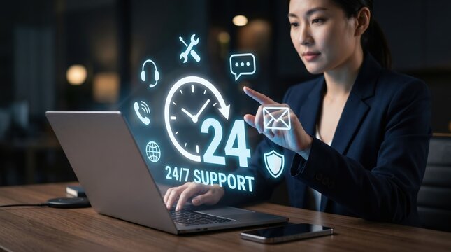 Professional woman providing 24/7 customer support via laptop, virtual assistance service, technical helpdesk, online consultation, remote work, digital communication
