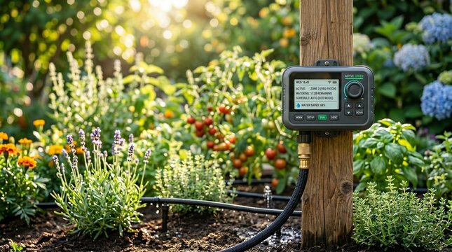 Garden irrigation control system in summer garden with flowers  