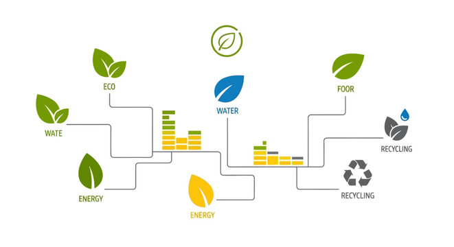 A conceptual infographic showing environmental sustainability and resource management icons