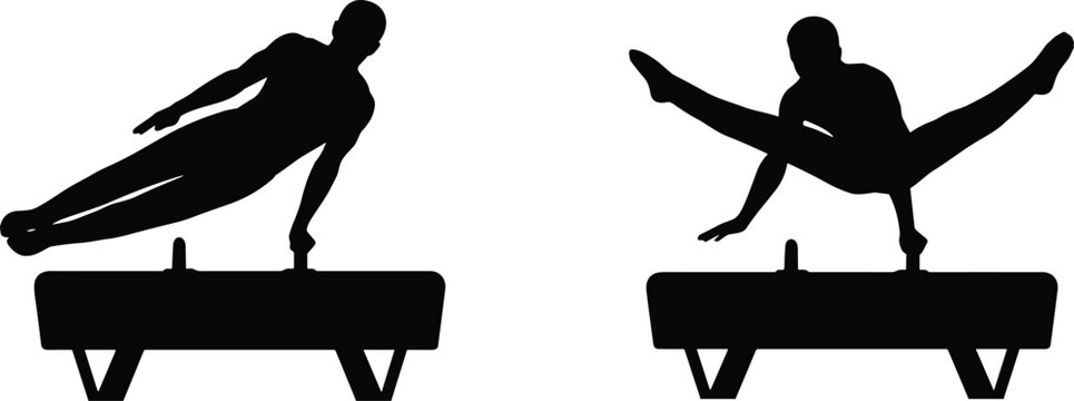 Silhouette illustration of gymnasts performing pommel horse routines, showcasing strength, balance, and coordination