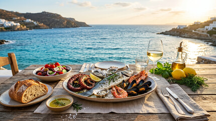 Fototapeta premium Premium Mediterranean cuisine served on a rustic seaside table with fresh seafood, organic vegetables, olives, lemons and traditional ingredients